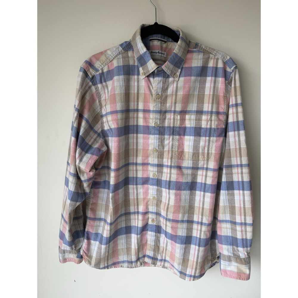 Tommy Bahama Mens M Plaid Button Down Shirt Pink Blue Stretch 201-ST324668